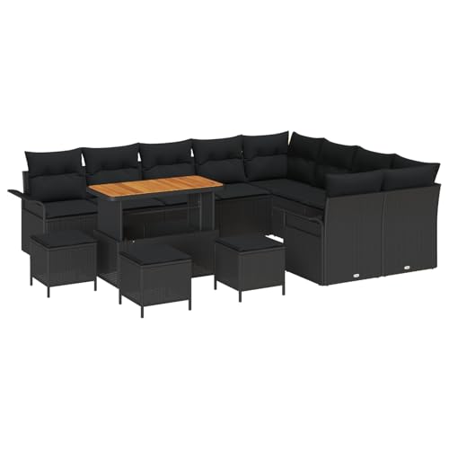 Vopese 13-teiliges Garten Sofa Set mit Kissen Schwarz Poly-Rattan Akazie, 2-Sitzer Garten Sofa mit Stauraum & Kissen Schwarz Poly-Rattan, 4-teiliges Garten Essset mit Kissen Schwarz Poly-Rattan Akazie von Vopese