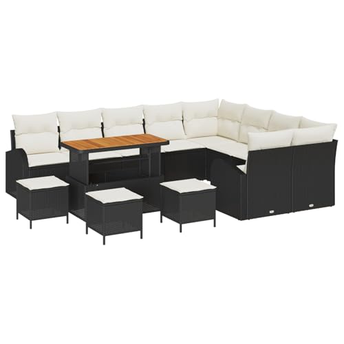 Vopese 13 teiliges Garten-Sofa-Set mit Kissen Schwarz Poly Rattan Akazie, 4 teiliges Garten-Dining-Set mit Kissen Schwarz Poly Rattan Akazie, 2-Sitzer Garten-Sofa mit Kissen Schwarz Poly Rattan Terass von Vopese