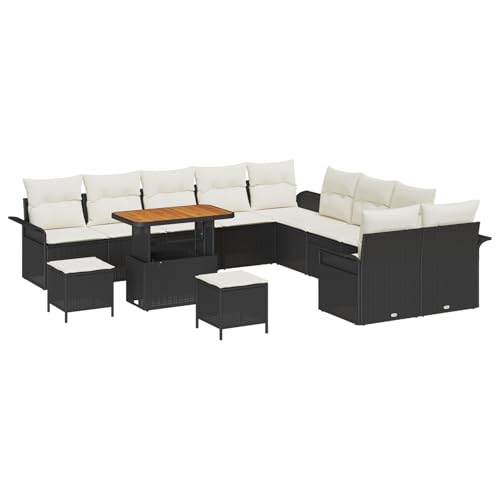 Vopese 13-teiliges Garten Sofa Set mit Kissen Schwarz Polyrattan Akazie, 2-Sitzer Garten Sofa mit Kissen Schwarz Polyrattan, 3-teiliges Garten Essset mit Kissen Schwarz Polyrattan Akazie Terassenm?bel von Vopese