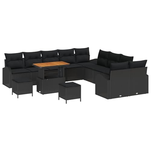 Vopese 13-teiliges Garten-Sofa-Set mit Kissen Schwarzes Poly-Rattan Akazie, 2-Sitzer Garten-Sofa mit Kissen Schwarzes Poly-Rattan, 3-teiliges Garten-Ess-Set mit Kissen Schwarzes Poly-Rattan Akazie Ter von Vopese