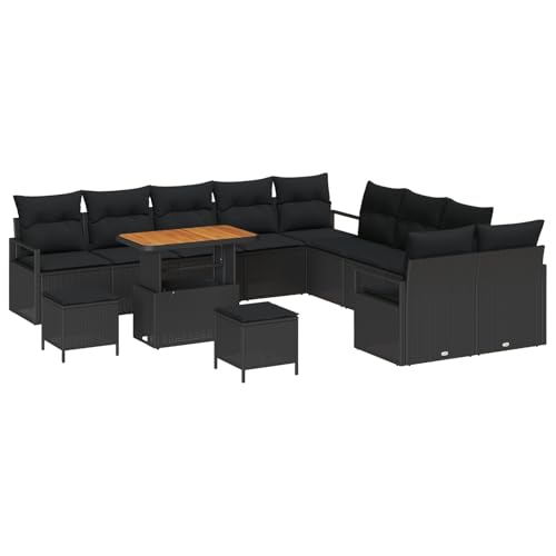 Vopese 13-teiliges Garten-Sofa-Set mit Kissen Schwarzes Poly-Rattan Akazie, 2-Sitzer Garten-Sofa mit Stauraum & Kissen Schwarzes Poly-Rattan, 3-teiliges Garten-Essset mit Kissen Schwarzes Poly-Rattan von Vopese
