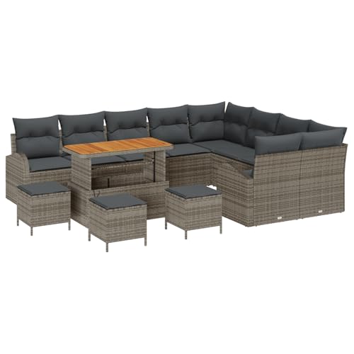 Vopese 13-teiliges Garten Sofaset mit Polstern Grau Poly Rattan Akazie, 2-Sitzer Garten Sofa mit Stauraum & Polstern Grau Poly Rattan, 4-teiliges Garten Essset mit Polstern Grau Poly Rattan Akazie Ter von Vopese