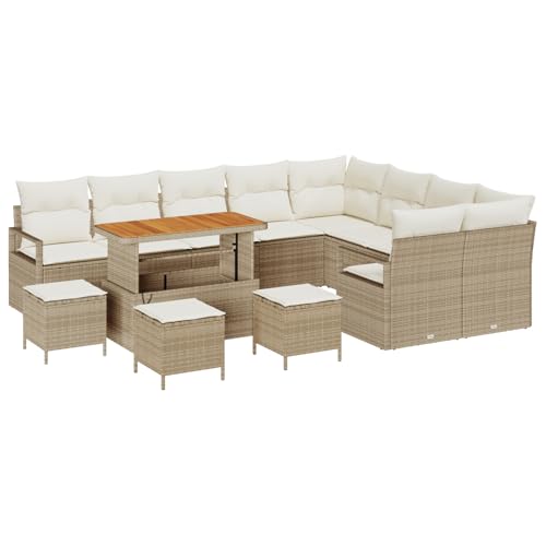 Vopese 13-teiliges Gartenm?bel-Set mit Kissen Beige Poly Rattan Akazie, 4-teiliges Garten-Esszimmer-Set mit Kissen Beige Poly Rattan Akazie, 2-Sitzer Garten-Sofa mit Kissen Beige Poly Rattan Terassenm von Vopese