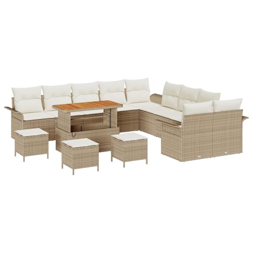 Vopese 14-teiliges Garten Sofa Set mit Kissen Beige Poly Rattan Akazie, 2-Sitzer Garten Sofa mit Kissen Beige Poly Rattan, 4-teiliges Garten Essset mit Kissen Beige Poly Rattan Akazie Terassenm?bel Au von Vopese