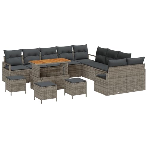 Vopese 14-teiliges Garten-Sofa-Set mit Kissen Grau Poly Rattan Akazie, 2-Sitzer Garten-Sofa mit Stauraum & Kissen Grau Poly Rattan, 4-teiliges Garten-Ess-Set mit Kissen Grau Poly Rattan Akazie Terasse von Vopese
