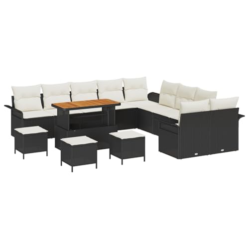 Vopese 14-teiliges Garten Sofa Set mit Kissen Schwarz Poly Rattan Akazie, 2-Sitzer Garten Sofa mit Kissen Schwarz Poly Rattan, 4-teiliges Garten Essset mit Kissen Schwarz Poly Rattan Akazie Terassenm? von Vopese