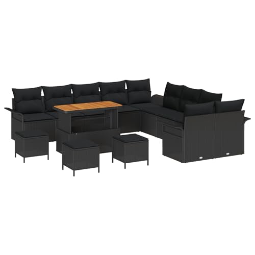 Vopese 14-teiliges Garten-Sofa-Set mit Kissen Schwarz Poly-Rattan Akazie, 2-Sitzer Garten-Sofa mit Stauraum & Kissen Schwarz Poly-Rattan, 4-teiliges Garten-Dining-Set mit Kissen Schwarz Poly-Rattan Ak von Vopese