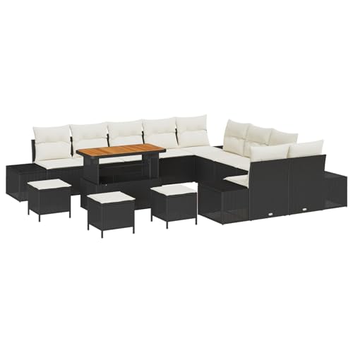 Vopese 14-teiliges Garten Sofa Set mit Kissen Schwarz Poly Rattan Akazie, 2-Sitzer Garten Sofa mit Stauraum & Kissen Schwarz Poly Rattan, 4-teiliges Garten EssSet mit Kissen Schwarz Poly Rattan Akazie von Vopese