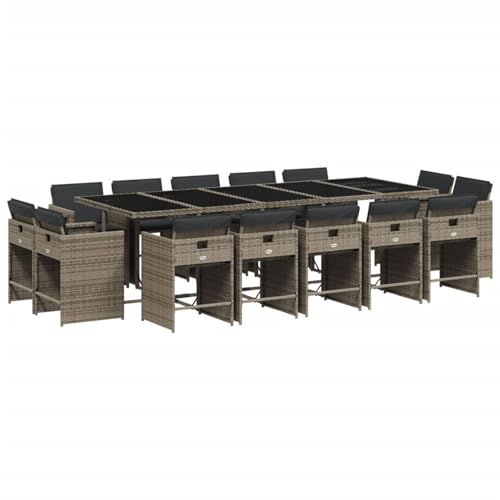 Vopese 15-TLG. Garten-Essgruppe mit Kissen Grau Poly Rattan Garten-Esstisch und Stühle Model3211232 von Vopese