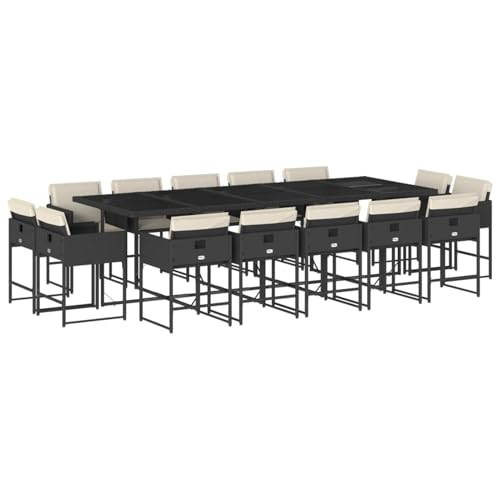 Vopese 15-TLG. Garten-Essgruppe mit Kissen Schwarz Poly Rattan Garten-Esstisch und Stühle Model3211410 von Vopese