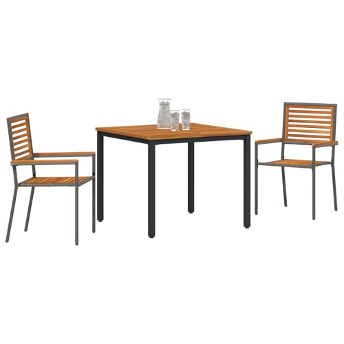 Vopese 3-teilige Garten Essgruppe Grau Poly-Rattan Akazie, Stapelbare Gartenstühle mit Kissen 2 Stück Grau Poly-Rattan, Gartentisch 90x90x75 cm Aus solidem Akazienholz und Metall Terassenm?bel Au?en M von Vopese