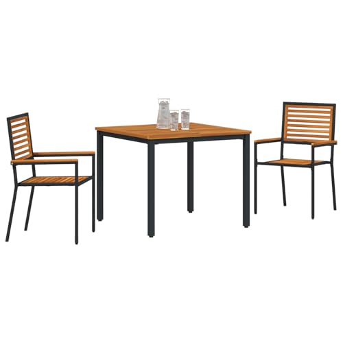 Vopese 3-teiliges Garten Essset Schwarz Poly Rattan Akazienholz, Stapelbare Gartenstühle mit Kissen 2 Stück Schwarz Poly Rattan, Gartentisch 90x90x75 cm Aus massivem Akazienholz und Metall Terassenm?b von Vopese