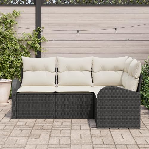 Vopese 4-teiliges Garten Sofa Set mit Kissen Schwarz Poly Rattan, 2-Sitzer Garten Sofa mit Stauraum & Kissen Schwarz Poly Rattan Lounge Sofa Outdoor Model3354686 von Vopese