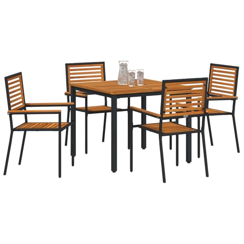 Vopese 5-teiliges Garten Essbereich Set Schwarz Poly Rattan Akazie, Stapelbare Gartenstühle mit Kissen 2 Stück Schwarz Poly Rattan, Gartentisch 90x90x75 cm Aus massivem Akazienholz und Metall Terassen von Vopese