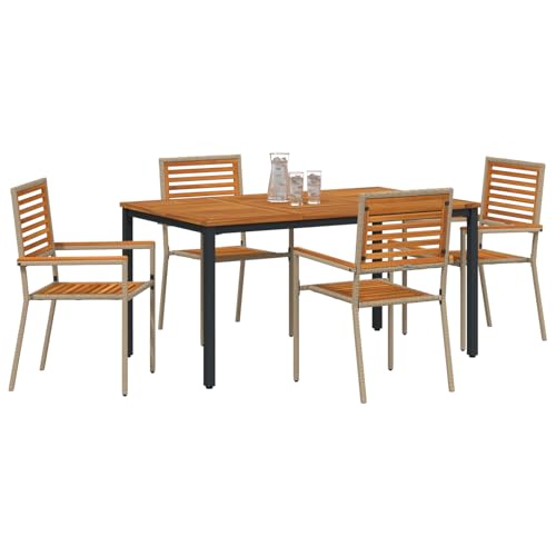 Vopese 5-teiliges Garten-Essset Beige Poly Rattan Akazie, Stapelbare Gartenstühle mit Kissen - Set aus 2 in Beige Poly Rattan, Gartentisch 150x90x75 cm aus massivem Akazienholz und Metall Terassenm?be von Vopese