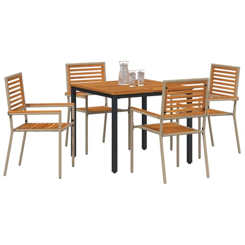 Vopese 5-teiliges Garten Essset Beige Poly Rattan Akazie, Stapelbare Gartenstühle mit Kissen - Set aus 2 in Beige Poly Rattan, Gartentisch 90x90x75 cm aus solidem Akazienholz und Metall Terassenm?Bel von Vopese