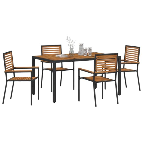 Vopese 5-teiliges Garten Esstisch Set Schwarz Poly Rattan Akazie, Stapelbare Gartenstühle mit Kissen 2 Stück Schwarz Poly Rattan Terassenm?Bel Au?en Model3365438 von Vopese