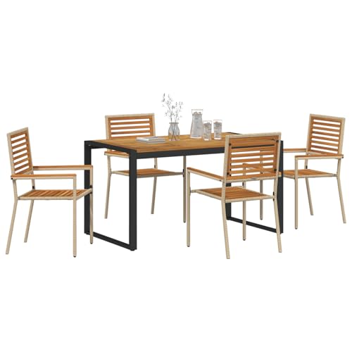 Vopese 5-teiliges Garten Esszimmer Set Beige Poly Rattan Akazie, Stapelbare Gartenstühle mit Kissen - Set von 2 in Beige Poly Rattan Terassenm?Bel Au?en Model3365474 von Vopese