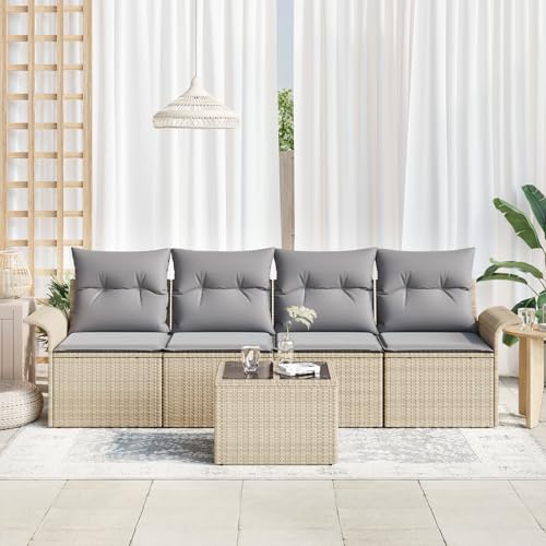 Vopese 5-teiliges Garten Sofa Set mit Kissen Beige Poly Rattan, 2-Sitzer Garten Sofa mit Stauraum & Kissen Beige Poly Rattan Lounge Sofa Outdoor Model3353899 von Vopese