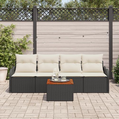 Vopese 5-teiliges Garten Sofa Set mit Kissen Schwarz Poly Rattan Akazie, 2-Sitzer Garten Sofa mit Stauraum und Kissen Schwarz Poly Rattan Lounge Sofa Outdoor Model3356052 von Vopese