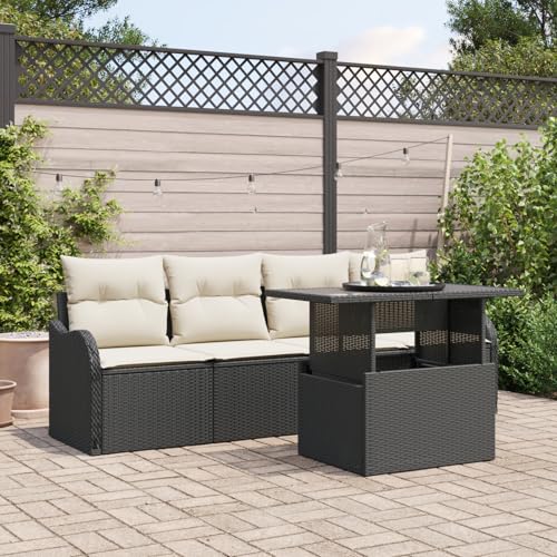 Vopese 5-teiliges Garten Sofaset mit Kissen Schwarz Poly Rattan, 2-Sitzer Garten Sofa mit Stauraum & Kissen Schwarz Poly Rattan Lounge Sofa Outdoor Model3357100 von Vopese