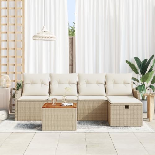Vopese 6-teiliges Garten Sofa Set mit Kissen Beige Poly Rattan, 2-Sitzer Garten Sofa mit Kissen Beige Poly Rattan Lounge Sofa Outdoor Model3359477 von Vopese