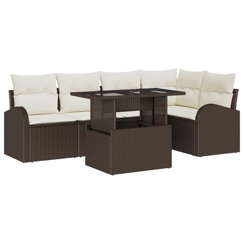 Vopese 6-teiliges Garten Sofa Set mit Kissen Braunes Poly Rattan, 2-Sitzer Garten Sofa mit Stauraum & Kissen Braunes Poly Rattan Lounge Sofa Outdoor Model3357381 von Vopese