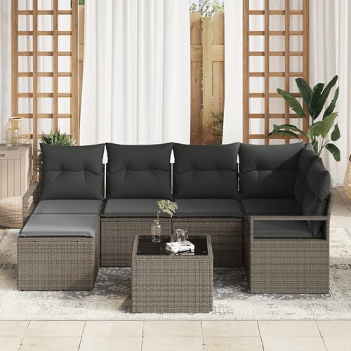 Vopese 6-teiliges Garten Sofa Set mit Kissen Schwarz Poly Rattan, 2-Sitzer Garten Sofa mit Stauraum & Kissen Grau Poly Rattan Lounge Sofa Outdoor Model3355128 von Vopese