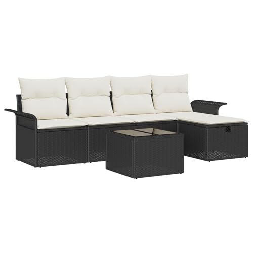 Vopese 6-teiliges Garten Sofa Set mit Kissen Schwarz Poly Rattan, 2-Sitzer Garten Sofa mit Stauraum & Kissen Schwarz Poly Rattan Lounge Sofa Outdoor Model3360198 von Vopese