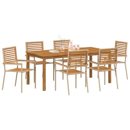 Vopese 7 Teiliges Garten Essgruppe Beige Poly Rattan Akazie, Stapelbare Gartenstühle mit Kissen - Set aus 2 in Beige Poly Rattan Terassenm?Bel Au?en Model3365543 von Vopese