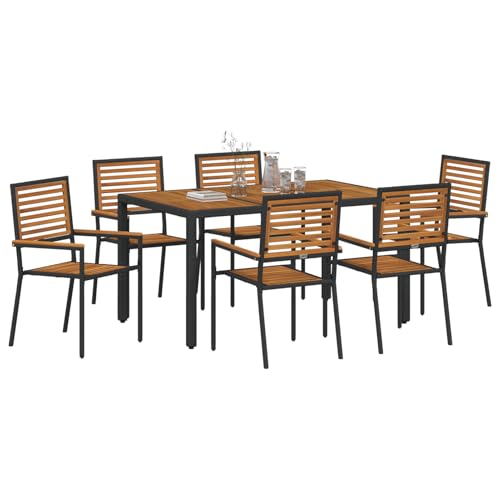 Vopese 7-teilige Garten Essgruppe schwarz Poly Rattan Akazie, Stapelbare Gartenstühle mit Kissen 2 Stück schwarz Poly Rattan Terassenm?Bel Au?en Model3365440 von Vopese