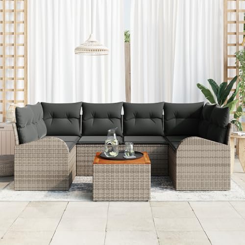 Vopese 7-teilige Garten-Sofa-Garnitur mit Kissen Grau Poly Rattan Akazie, Zweisitzer Garten-Sofa mit Stauraum & Kissen Grau Poly Rattan Lounge Sofa Outdoor Model3356200 von Vopese