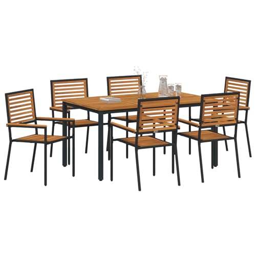 Vopese 7-teiliges Garten Essset Schwarz Poly Rattan Akazie, Stapelbare Gartenstühle mit Kissen 2 Stück Schwarz Poly Rattan, Gartentisch 150x90x75 cm aus massivem Akazienholz und Metall Terassenm?bel A von Vopese