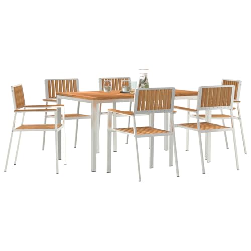 Vopese 7-teiliges Garten Essset aus massivem Teakholz, Esstisch 150x90x75 cm aus massivem Teakholz, Stapelbare Gartenstühle 2 Stück aus massivem Teak und Metall, Stapelbare Gartenstühle 4 Stück aus ma von Vopese