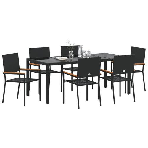 Vopese 7-teiliges Garten Esstischset Schwarz Poly-Rattan, Stapelbare Gartenstühle mit Kissen - 2-teiliges Set in Schwarz Poly-Rattan Terassenm?Bel Au?en Model3365396 von Vopese