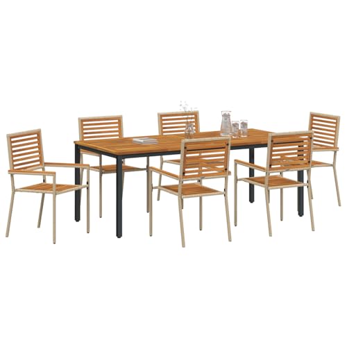 Vopese 7-teiliges Garten Esszimmer Set Beige Poly Rattan Akazie, Stapelbare Gartenstühle mit Kissen - Set von 2 in Beige Poly Rattan, Gartentisch 200x90x75 cm aus massivem Akazienholz und Metall Teras von Vopese