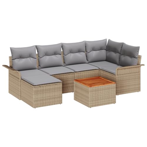 Vopese 7-teiliges Garten-Sofa-Set mit Kissen Beige Poly Rattan Akazie, 2-Sitzer Garten-Sofa mit Stauraum & Kissen Beige Poly Rattan Lounge Sofa Outdoor Model3356019 von Vopese