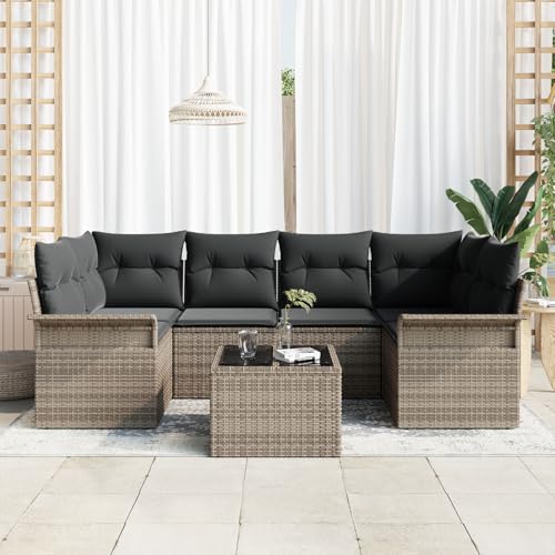 Vopese 7-teiliges Garten-Sofa-Set mit Kissen Grau Poly Rattan, 2-Sitzer Garten-Sofa mit Stauraum & Kissen Grau Poly Rattan Lounge Sofa Outdoor Model3353928 von Vopese