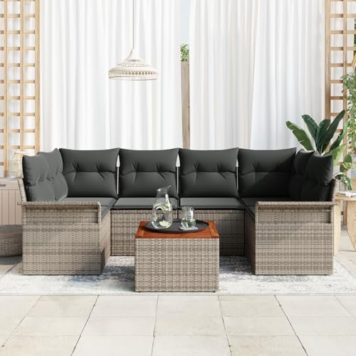 Vopese 7-teiliges Garten Sofa Set mit Kissen Grau Poly Rattan Akazie, 2-Sitzer Garten Sofa mit Stauraum & Kissen Grau Poly Rattan Lounge Sofa Outdoor Model3355948 von Vopese