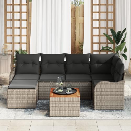 Vopese 7-teiliges Garten-Sofa-Set mit Kissen Grau Poly Rattan Akazie, 2-Sitzer Garten-Sofa mit Stauraum & Kissen Grau Poly Rattan Lounge Sofa Outdoor Model3356144 von Vopese