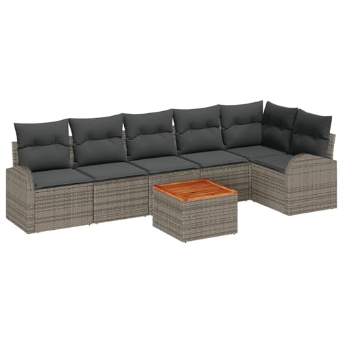 Vopese 7-teiliges Garten Sofa Set mit Kissen Grau Poly Rattan Akazie, 2-Sitzer Garten Sofa mit Stauraum & Kissen Grau Poly Rattan Lounge Sofa Outdoor Model3356256 von Vopese