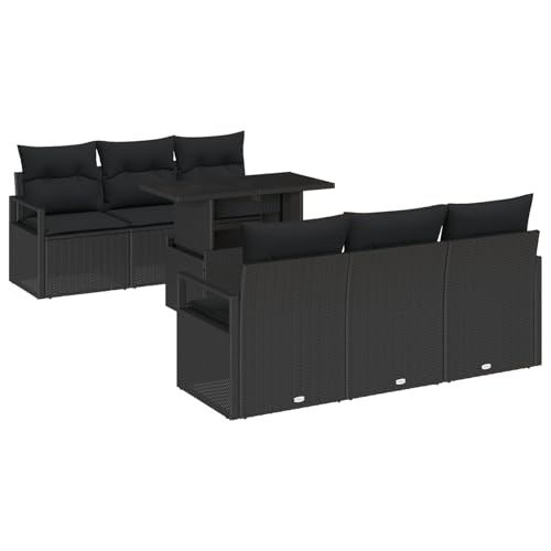 Vopese 7-teiliges Garten Sofa Set mit Kissen Schwarz Poly-Rattan, 2-Sitzer Garten Sofa mit Stauraum & Kissen Schwarz Poly-Rattan Lounge Sofa Outdoor Model3357486 von Vopese