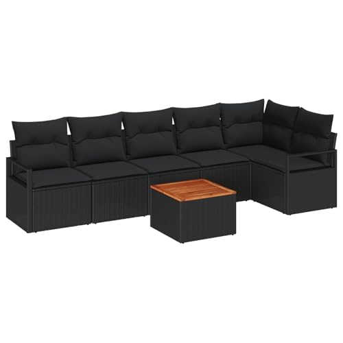Vopese 7-teiliges Garten Sofa Set mit Kissen Schwarz Poly Rattan Akazie, 2-Sitzer Garten Sofa mit Kissen Schwarz Poly Rattan Lounge Sofa Outdoor Model3347716 von Vopese