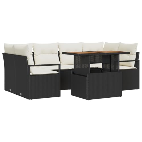 Vopese 7-teiliges Garten-Sofa-Set mit Kissen Schwarz Poly-Rattan Akazie, 2-Sitzer Garten-Sofa mit Kissen Schwarz Poly-Rattan Lounge Sofa Outdoor Model3349662 von Vopese