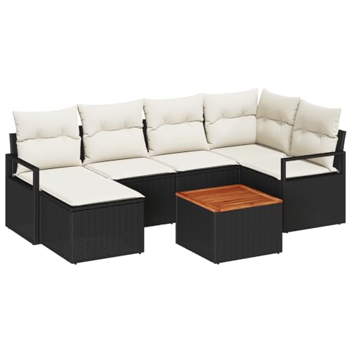 Vopese 7-teiliges Garten-Sofa-Set mit Kissen Schwarz Poly-Rattan Akazie, 2-Sitzer Garten-Sofa mit Stauraum & Kissen Schwarz Poly-Rattan Lounge Sofa Outdoor Model3356395 von Vopese