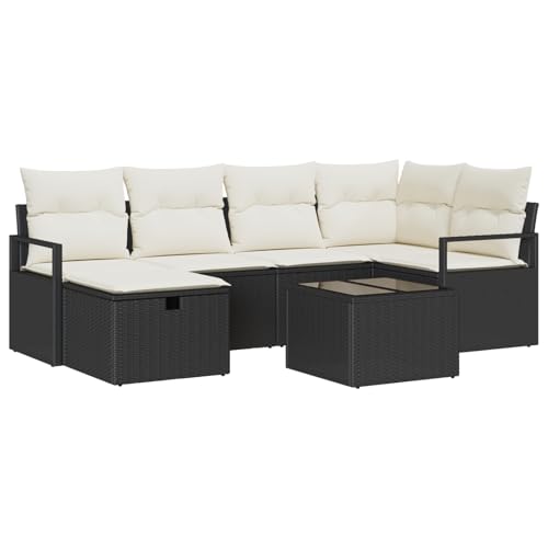 Vopese 7-teiliges Garten-Sofa-Set mit Kissen Schwarzes Poly-Rattan, 2-Sitzer Garten-Sofa mit Stauraum & Kissen Schwarzes Poly-Rattan Lounge Sofa Outdoor Model3360518 von Vopese