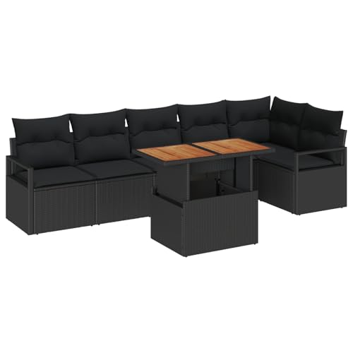 Vopese 7-teiliges Garten-Sofaset mit Kissen Schwarz Poly-Rattan Akazie, 2-Sitzer Garten-Sofa mit Kissen Schwarz Poly-Rattan Lounge Sofa Outdoor Model3349722 von Vopese