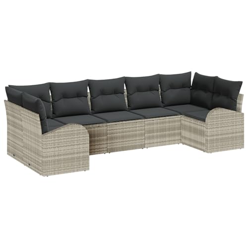 Vopese 7-teiliges Gartenloungeset mit Kissen Hellgrau Poly Rattan, 2-Sitzer Gartenlounge mit Stauraum & Kissen Hellgrau Poly Rattan Relaxsessel Model3354861 von Vopese