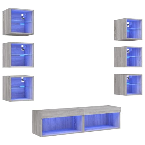 Vopese 8-TLG. Wohnwand mit LED-Beleuchtung Grau Sonoma Holzwerkstoff Wandschrank Model3216638 von Vopese