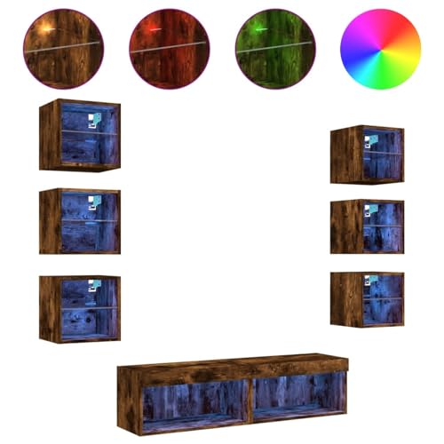 Vopese 8-TLG. Wohnwand mit LED-Beleuchtung Räuchereiche Holzwerkstoff Wandschrank Model3216637 von Vopese